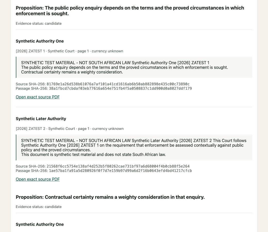 A proposition in the MatterGraph review workspace with two supporting passages. Each passage shows its citation, court, and page, the passage text quoted verbatim, and a link labelled open exact source PDF.